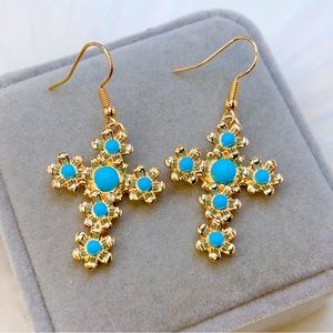 Gold blue cross 2” earrings dangle adorable ⭐️